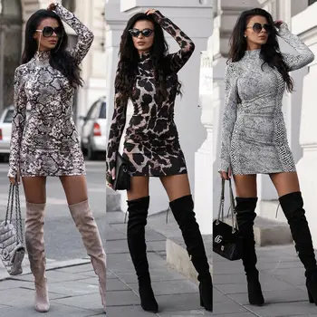 Novo Leto 2020 Ženske Seksi Dolg Rokav Leopard Cocktail Večer Stranka Clubwear Obleko Bodycon