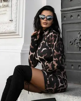 Novo Leto 2020 Ženske Seksi Dolg Rokav Leopard Cocktail Večer Stranka Clubwear Obleko Bodycon