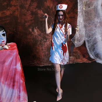 Halloween Duha Festival Cosplay Kostum za Ženske, Dekleta Strašno Krvavo Tiskanja medicinska Sestra Unifrom Okostje Vampir Grozo Obleke Set