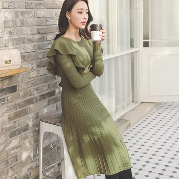 2020 Pomlad korejski Ruffles Naguban Dolga Obleka Ženske Dolg Rokav O-vratu Trdna Eleganten Modni Pulover Obleke Vestidos