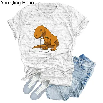 Yan Qing Huan 2019 Poletje Eksplozije Modeli Dinozaver Živalski Vzorec Tiskanja Tees Bombaž Krog Vratu Velikosti S-5xl Ženske T-shirt