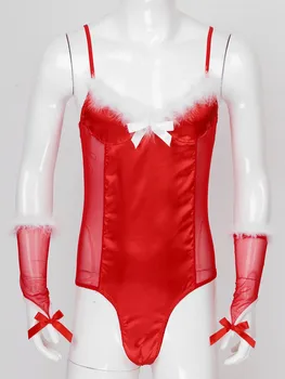 Moški Obleka, Sexy Lingerie vidi skozi Očesa Saten Leotard Božič Cosplay Kostume Pero Obrezovanje Jumpsuits z Oversleeve