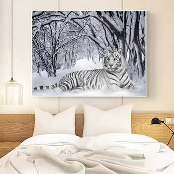 Zasnežene pokrajine White Tiger Diamond Slikarstvo Scensko Živalski Krog Polni Sveder 5D Nouveaute DIY Mozaik Vezenje Navzkrižno Šiv