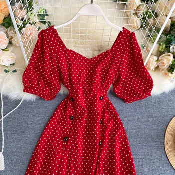 Starana Rdeča Polka Dot Ženske obleke Poletje Dvojno zapenjanje Vestidos Seksi Proti-vrat Lok Backless A-linije Casual Obleke 2020 Haljo Mujer