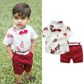 2PCS Otroci Malčke Baby Boy Kravato kratek rokav Cvetlični T-shirt Vrhovi+rdeče hlače, Gospod Obleke, Poroka Stranka Poletno Obleko