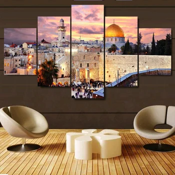 Stenske Umetnosti Slikarstva 5 Plošči Platno Natisnjeni Jeruzalem Sončnem Zahodu Pokrajina Plakat Moderno Notranjo Opremo Za Dnevno Sobo Umetnine, Slike