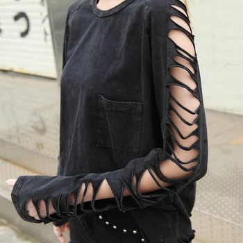 Street punk Moda za ženske luknjo osebnost tassel žep svoboden t-shirt ženski Pranje Bombaža ženska Oblačila Oblačila
