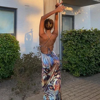 Kriptografske Povodcem Seksi Backless Split Obleke Bodycon Brez Rokavov Tiger Natisniti Moda Obleke Elegantna Jeseni Leta 2020 Ženske Oblačila