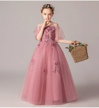 Shoulderless Roža Punca Obleke 3D Appliques Kroglice Čipke Otroci Dekleta Stranki Poroka Oblek Dolgo Večerno obleko za Praznik Princesa