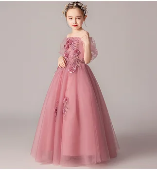 Shoulderless Roža Punca Obleke 3D Appliques Kroglice Čipke Otroci Dekleta Stranki Poroka Oblek Dolgo Večerno obleko za Praznik Princesa