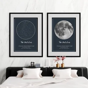 Po Meri Star Zemljevid & Moon Phase Platno Slikarstvo Poroko Constellation Poster Tiskanje Wall Art Slike Spalnica Doma Vrtec Dekor