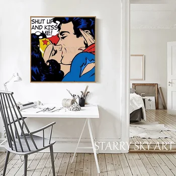 Umetnik Ročno poslikano Sodobne Likovne Umetnosti Super Človek in Wonder Woman Poljubljanje Oljna slika na Platnu Pop Art Super Junak Poljub Slikarstvo
