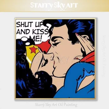 Umetnik Ročno poslikano Sodobne Likovne Umetnosti Super Človek in Wonder Woman Poljubljanje Oljna slika na Platnu Pop Art Super Junak Poljub Slikarstvo