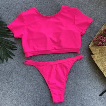 Seksi Visoko Pasu Tangice Kopalke Brazilski Bikini Ženske barva gumb Kopalk Beach Push Up kopalke Bikini Komplet Rdeče