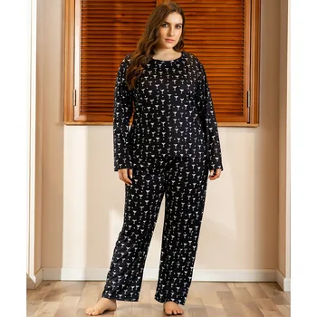 Gospe jeseni, pozimi plus velikost pižame set za ženske domov nositi obleko z dolgimi rokavi black print majica s kratkimi rokavi in hlače 4XL 5XL 6XL 7XL