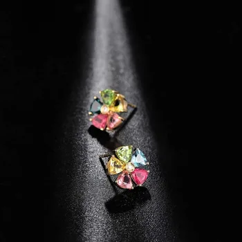 Tourmaline naravni Pet Barve Gemstone, Uhani Za Ženske Rose Zlata Venčni Design vdelan AAA Cirkon Stud Uhan Fine Nakit
