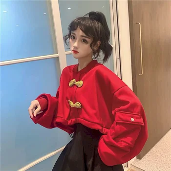 Luč sleeve majica ženske jeseni leta 2020 novi Kitajski retro slogu disk sponke dekoracijo svoboden vrvico kratek hoodies tide