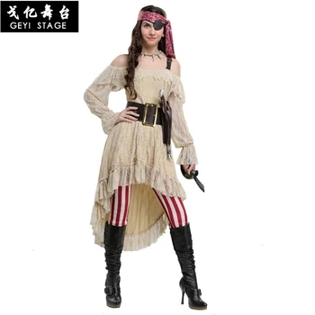 Novo odraslih pirat oči kapetan deluxe dama v morju ustrezno obleko cosplay halloween kostum, oblečena kot pustno obleko