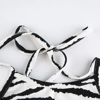 Ženske Seksi Brez Rokavov Povodcem Vratu Obreži Zgoraj Črno Bel Zebra Proge Tiskanja Camisole Črko Oznake Vezenje Slim Telovnik