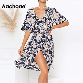 Aachoae Dolgo Zaviti Obleka Ženske Poletje Boho Priložnostne Plažo, Obleke 2020 Elegantno Cvjetnim Tiskanja Seksi V Vratu Split Obleko Vestidos Mujer