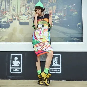 Ženske Harajuku T Shirt Obleko Overisized Stilsko Tiskanja Poletje 2020 Obleke Plus Velikost Svoboden Nezakonitih Robom Hip Hop Športna Oblačila
