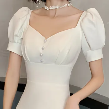 Romantično Preprosto Belo Gleženj Dolžina Večerne Obleke Seksi V Vratu Črto Obleko 2020 Kratek Rokav Saten Elegantno Formalno Stranko Obleko