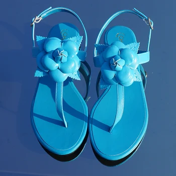 Ravno sandali, ženska boho camellia cvet ravno pete ščepec-toe beach resort z eno strappy sandali, velikost 34-42