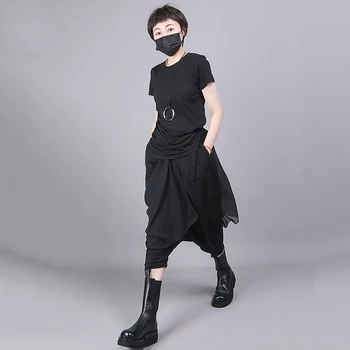 [EAM] Žensk Black Asimetrični Naguban Temperament T-shirt Nov Krog Vratu Kratek Rokav Moda Plima Pomlad Poletje 2021 1R869