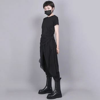 [EAM] Žensk Black Asimetrični Naguban Temperament T-shirt Nov Krog Vratu Kratek Rokav Moda Plima Pomlad Poletje 2021 1R869