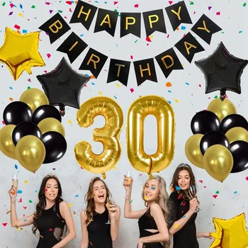 30. Rojstni dan Dekor Darila za Moške & Ženske, Happy Birthday, Črna Banner Baloni kot Nalašč 30 Let Stare Stranke Dobave