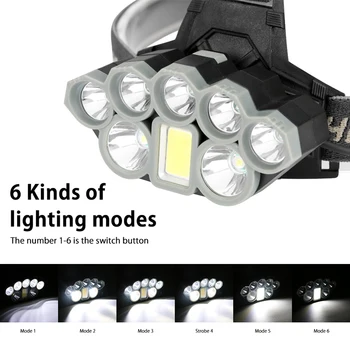 LED Žaromet Super Svetle Žarometi 2*T6+5*XPE+COB 8 Luči na Prostem Nepremočljiva USB 18650 Polnilna Baterija Ribolov Luči