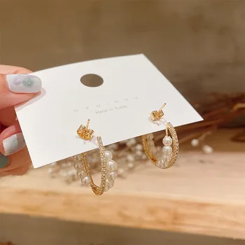 Korejski Simulirani Pearl Hoop Uhani za Ženske Zlata Barva Legiranega Verigo Krog Sijoče Nosorogovo Izjavo Uhani Poročni Nakit