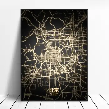 Peking Chengdu Guangzhou Nanjing Šanghaju na Kitajskem Črno in zlato Platno Wall Art Map Plakat Brez Okvirja
