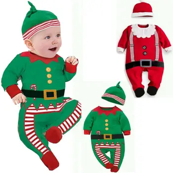 2019 Božič Newborn Baby Fantje Božič Dekle Obleko z dolgimi rokavi Santa Claus prugasta Romper Obleka, Klobuk Obleko Kostum