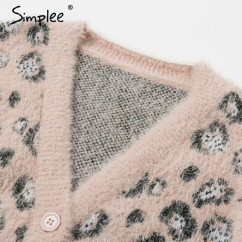 Simplee Leopard tiskanja moher ženske jopico pulover Proti-vrat gumb pletene žensko jopico Dolg rokav jeseni, pozimi skakalec plašč