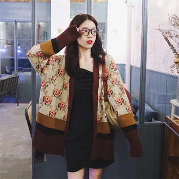 2020 Jeseni, Pozimi Letnik Cvjetnim Tiskanja Ženske Pletene Cardigan Fashion Kontrast Barve Proti Vratu Dolg Rokav Ohlapen Pulover Plašč Pull