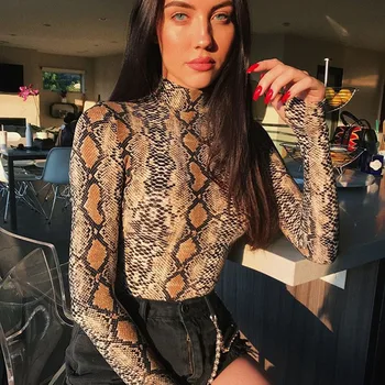 InstaHot Snakeskin Bodysuits Ženske Seksi Kačje Kože Visoko Turtleneck Dolg Rokav Python Moda 2018 Pomlad Igralne Obleke Playsuit Lady