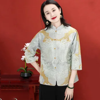 Kitajski Slog Žensk Pomlad In Jesen Retro Lepe Vezenine Svoboden Stand-Up Ovratnik tričetrt Rokav Plašč M-2XL