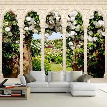 Po meri 3D Ozadje Evropski Stil, Rimski Colonnade Rose Vrt Foto Freske Dnevna Soba, TV, Kavč v Ozadju Stene Dekor 3D Nalepke