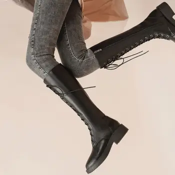 2020 Modni DODATKI Visoki Škornji Ženska Vitezi Kolena in Škornji Zgostitev Plišastih Ženske Zimske Čevlje Britanski Stil Blok Pete Čipke-up Footware