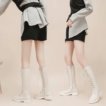 2020 Modni DODATKI Visoki Škornji Ženska Vitezi Kolena in Škornji Zgostitev Plišastih Ženske Zimske Čevlje Britanski Stil Blok Pete Čipke-up Footware