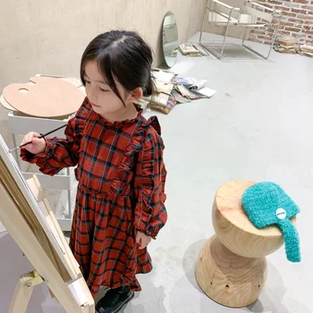 Jeseni Nov Prihod v korejskem slogu bombaž vroče prodajo kariran dolg rokav priložnostne princesa dolgo obleko za cute sweet baby dekleta