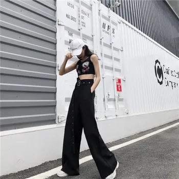 Korejski Street Fashion Ženske Bell Dnu Hlače Harajuku Gothic Visok Pas Širok Noge Hlače Priložnostne Svoboden Pasu Black Rakete Hlače