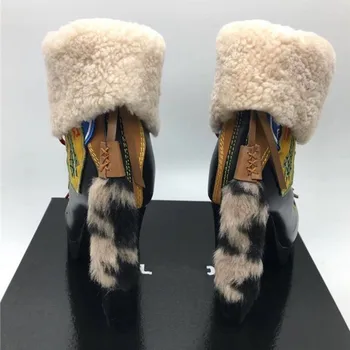 Blagovne Znamke Vzletno-Pristajalne Steze Ženske Zimske Ovčje Volne Obloge Visoke Pete Škornji Lady Čipke Platformo Jahanje Čevlji Pravega Usnja Sneg Škornji