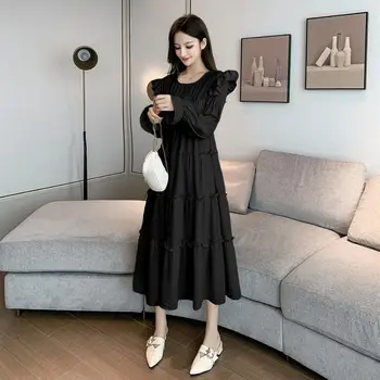 Elegantno korejske Ženske Dolge Stranka Obleko Modne Krog Vratu pomlad Ruffles rokav Naguban Barva Obleko Sweet Lady Vestidoes