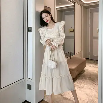 Elegantno korejske Ženske Dolge Stranka Obleko Modne Krog Vratu pomlad Ruffles rokav Naguban Barva Obleko Sweet Lady Vestidoes