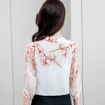 Bela Pol-Sleeve Majica ženska Bluza 2020 Nov Eleganten V-izrez Priložnostne Svoboden korejski modnih oblačil Natisnjeni Šifon Vrh 198H
