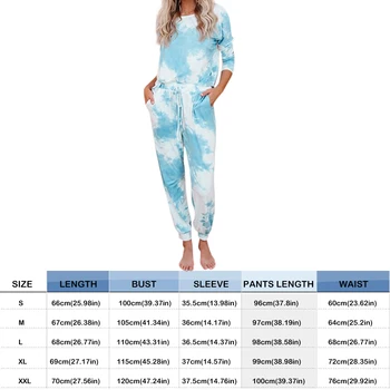 Ženske Pižame Niz Tie Dye Natisnjeni Loungewear Dolg Rokav O Vratu Vrhovi Žep Hlače Ženske Priložnostne Homewear Pižame