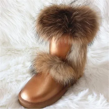 Nov Prihod Pravega Usnja 2020 Big Lisica Krzno Ženske Snow Škornji Naravnega Krzna Sneg Škornji Toplo ženski Zimski Škornji