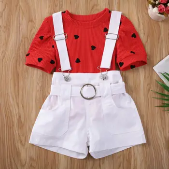2020 Srčkan Malčka Otroci Baby Girl Obleke Valentinovo Srce, ki Tiskanja Rokav Vrhovi+Hlače Splošno Bele hlače, Hlače z Oprsnikom Obleko